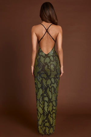 Embellished Halterneck Maxi Dress in Green Snake