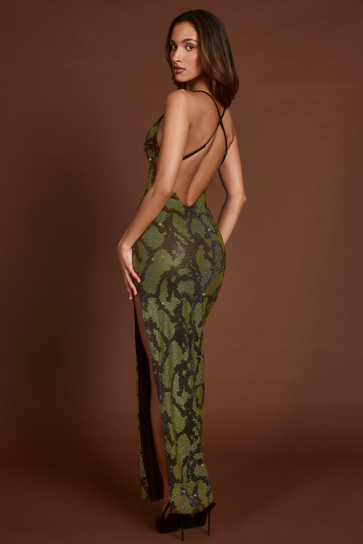 Embellished Halterneck Maxi Dress in Green Snake - 8