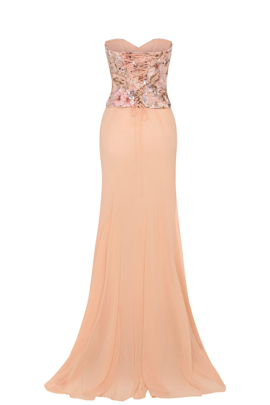 Embellished Corset Fishtail Gown in Floral Beige