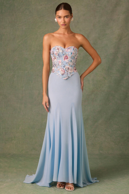 Embellished Corset Fishtail Gown in Floral Blue