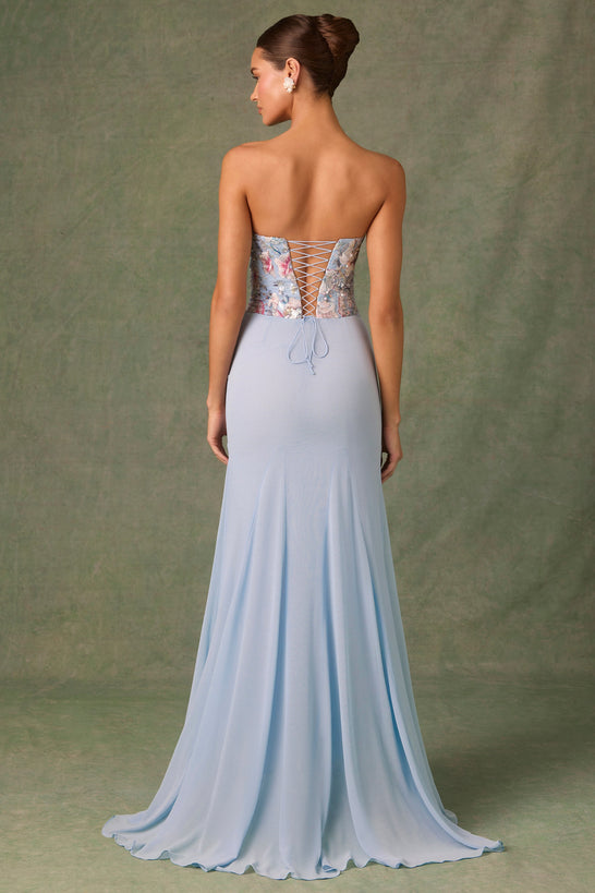 Embellished Corset Fishtail Gown in Floral Blue