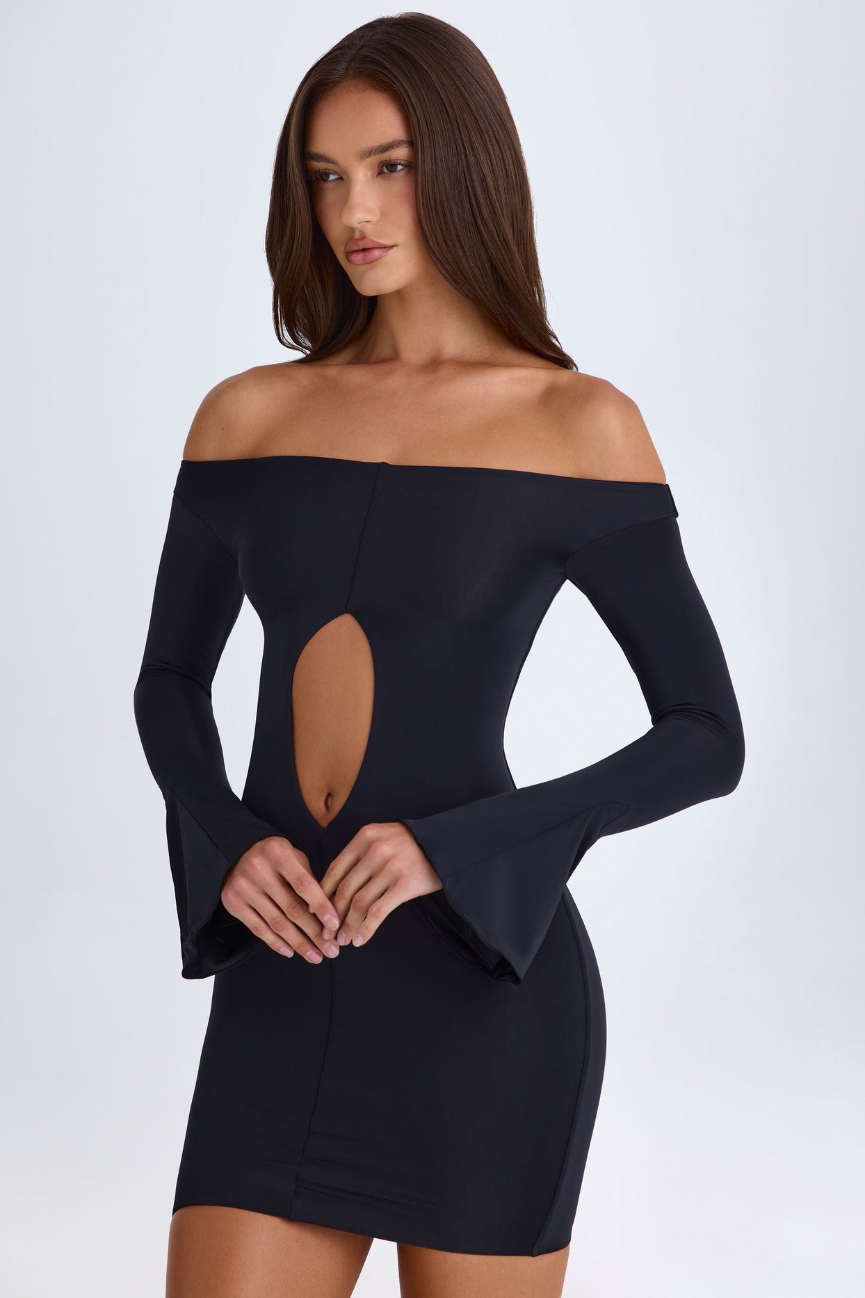 Off-Shoulder Cut-Out Mini Dress in Black