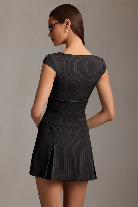 Pinstripe Pleated Waistcoat Mini Dress in Black