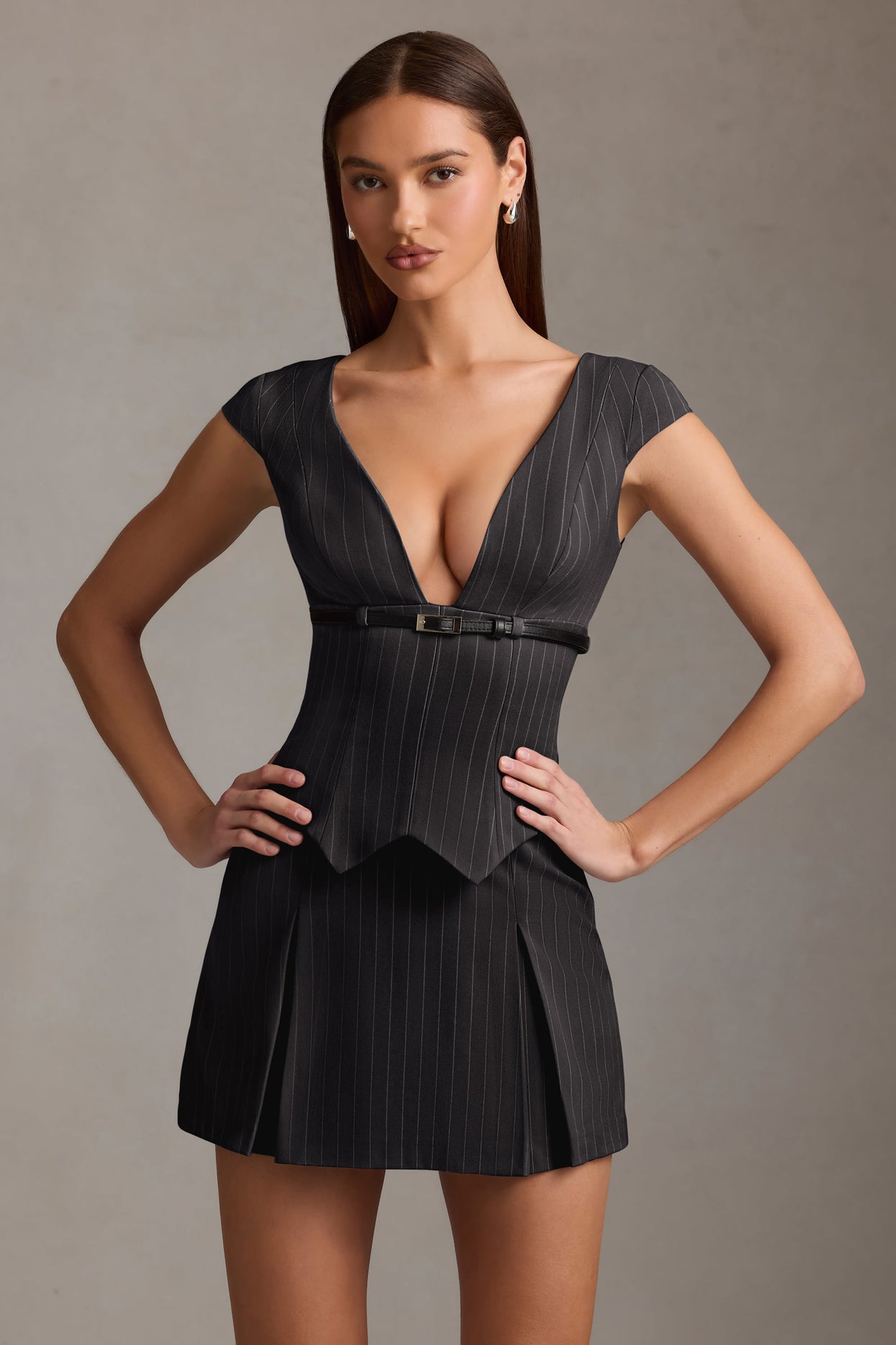 Pinstripe Pleated Waistcoat Mini Dress in Black - 7