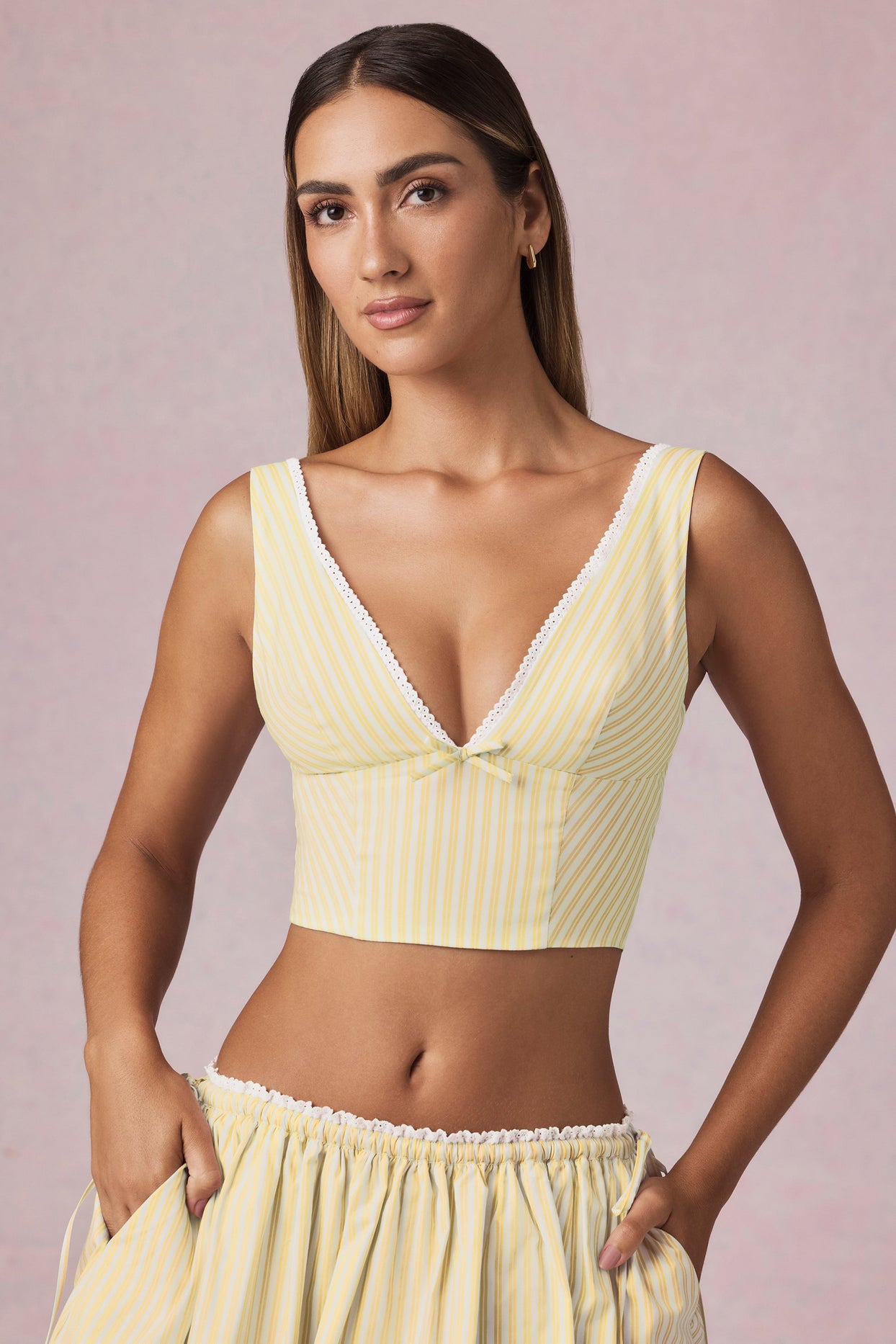 Bow-Detail Crop Top in Lemon Yellow Stripe - 1