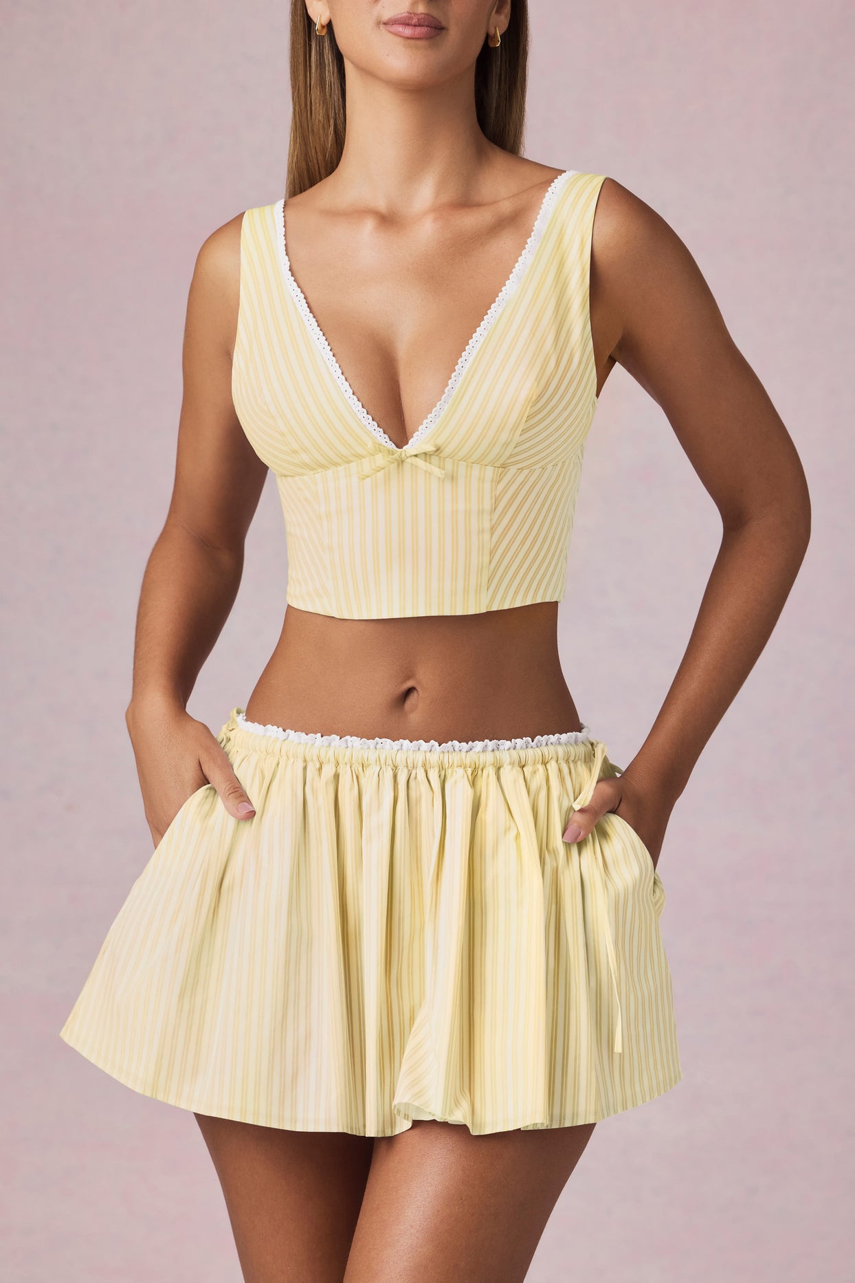 Bow-Detail Crop Top in Lemon Yellow Stripe - 2