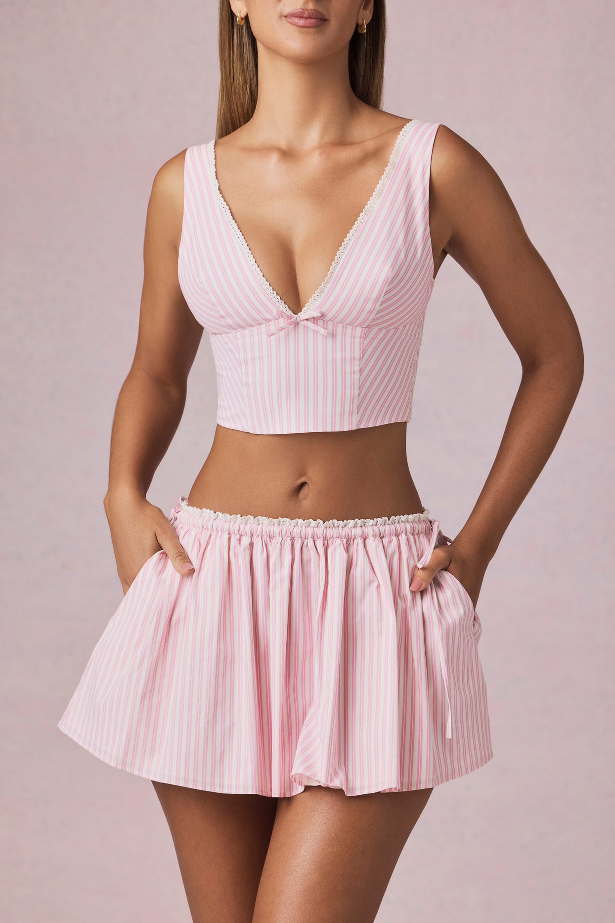 Bow-Detail Crop Top in Soft Mauve Stripe - 2