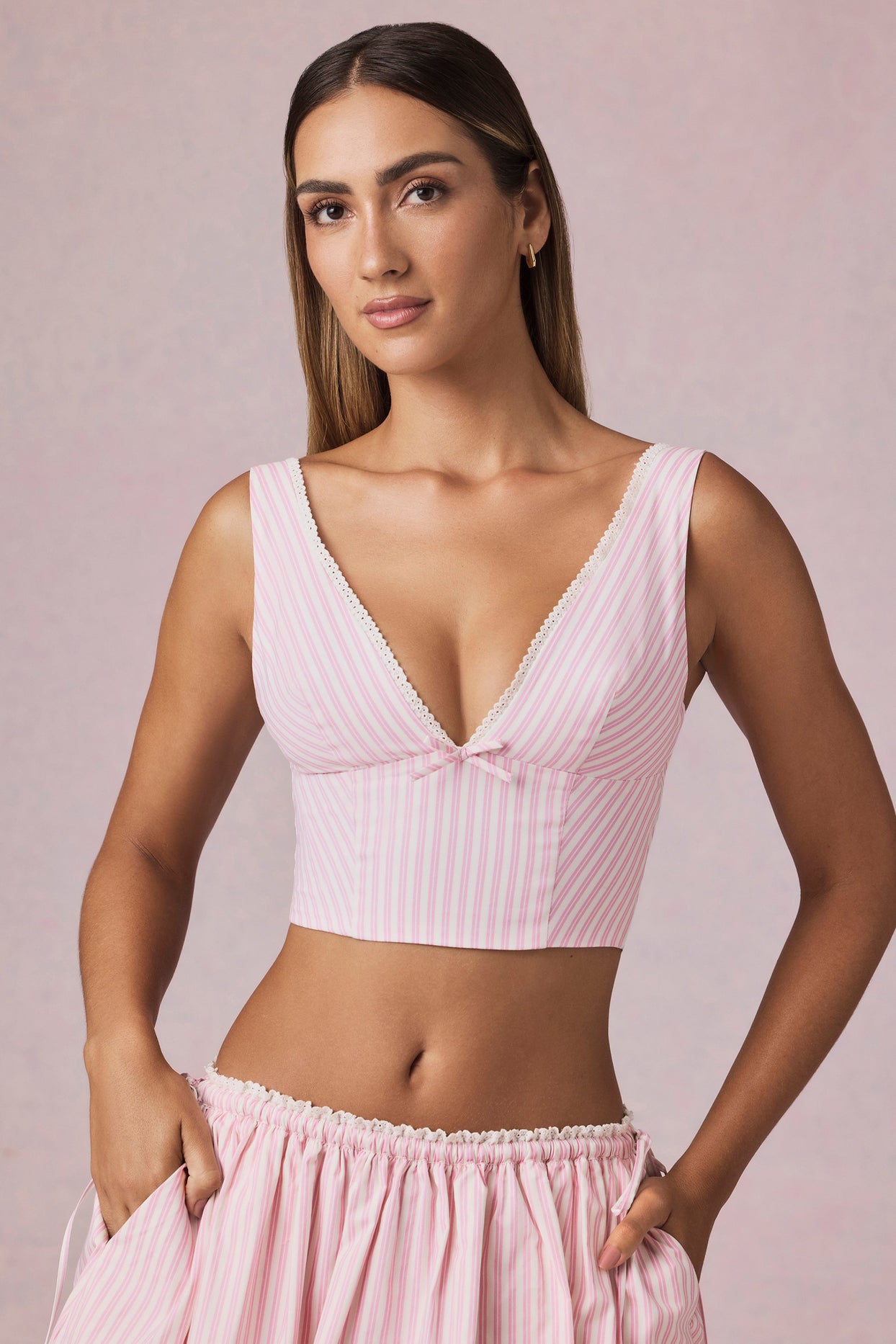 Bow-Detail Crop Top in Soft Mauve Stripe - 6