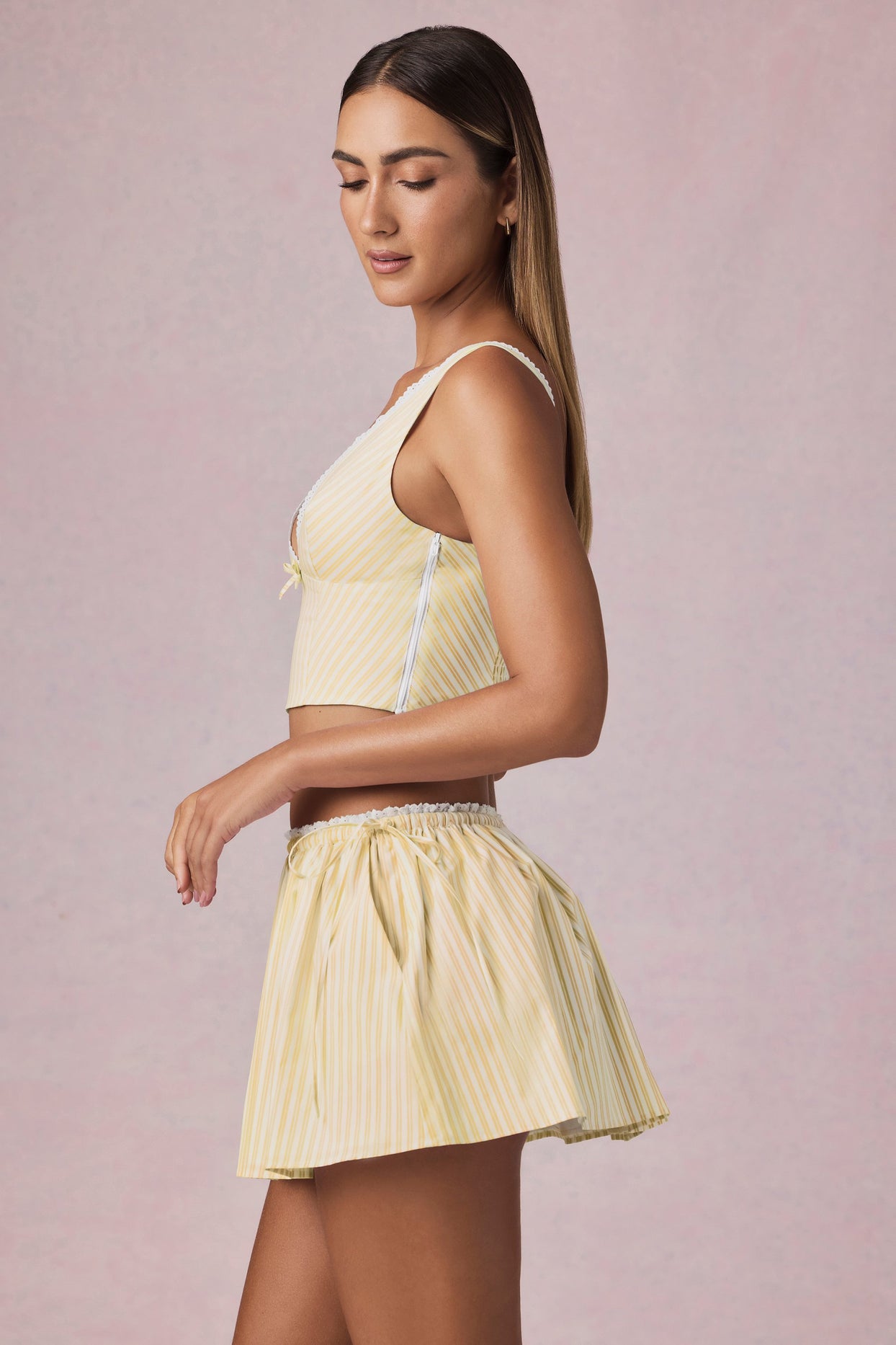 Ruched Drawstring Mini Skirt in Lemon Yellow Stripe - 3