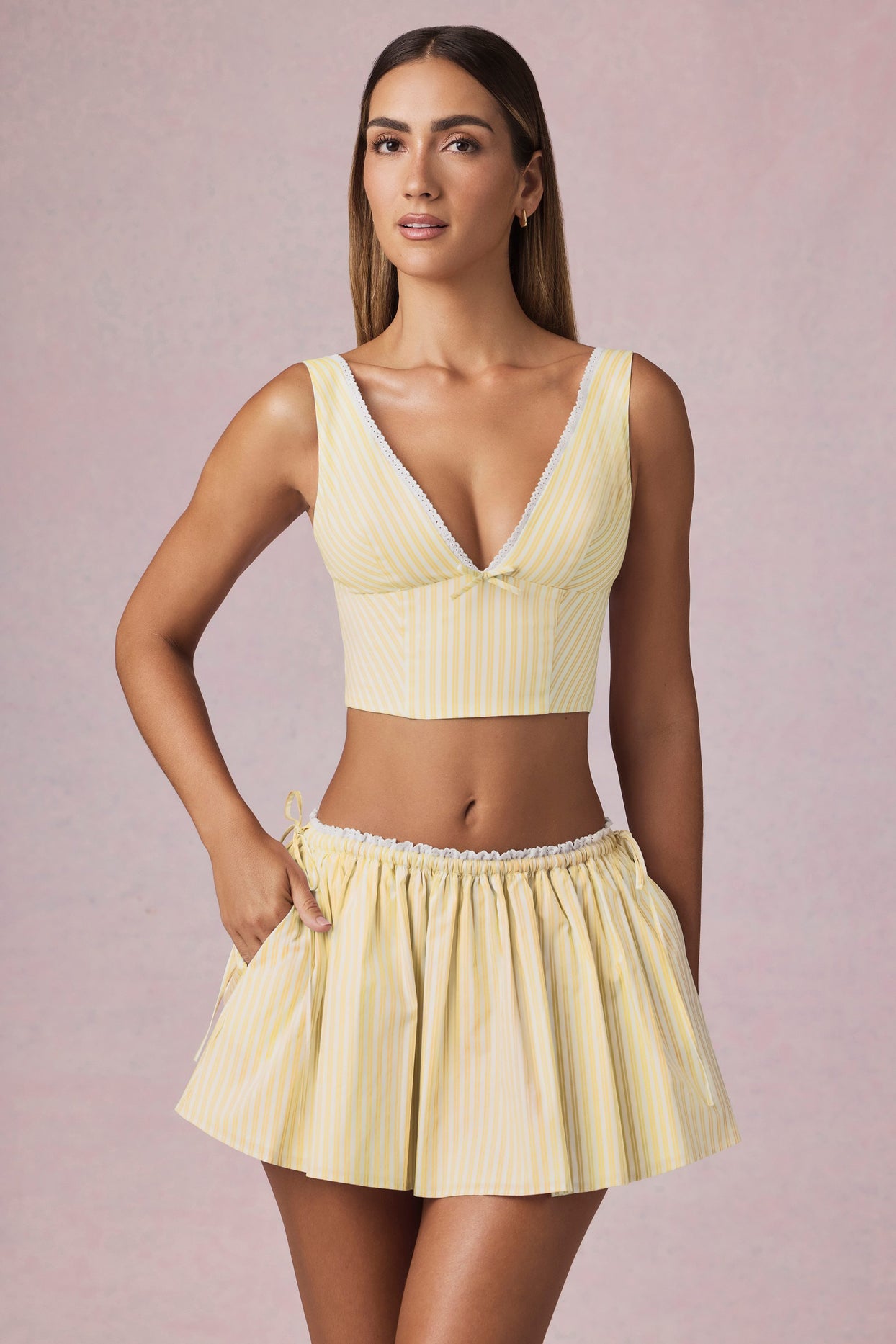 Ruched Drawstring Mini Skirt in Lemon Yellow Stripe - 4