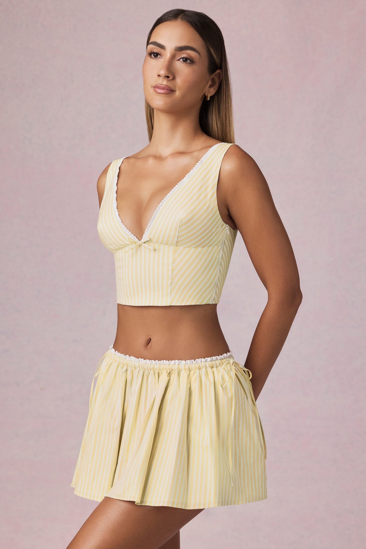 Ruched Drawstring Mini Skirt in Lemon Yellow Stripe - 6