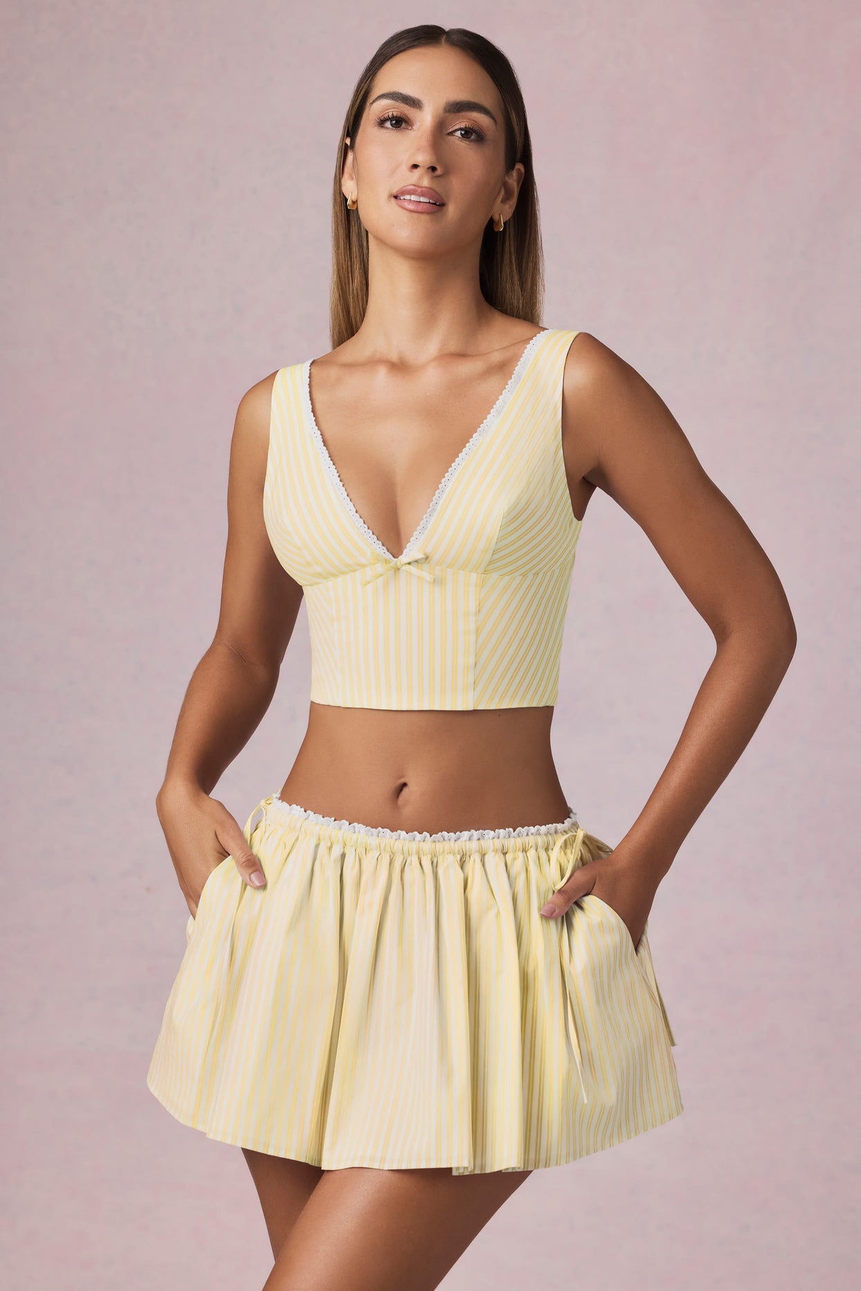 Ruched Drawstring Mini Skirt in Lemon Yellow Stripe - 7