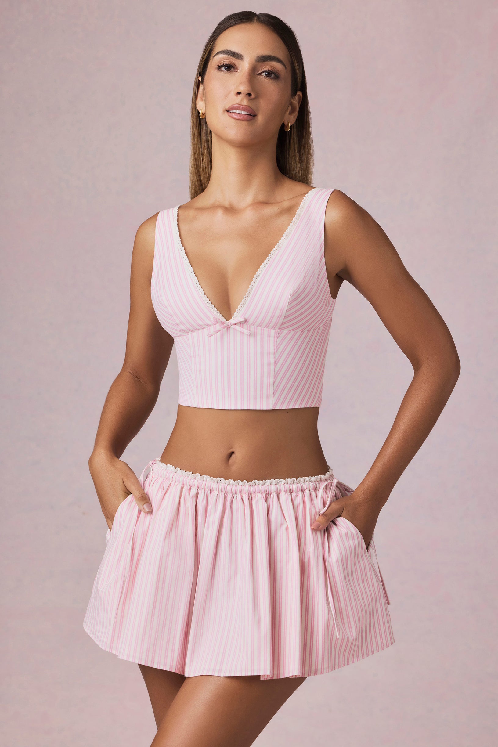 Ruched Drawstring Mini Skirt in Soft Mauve Stripe - 1