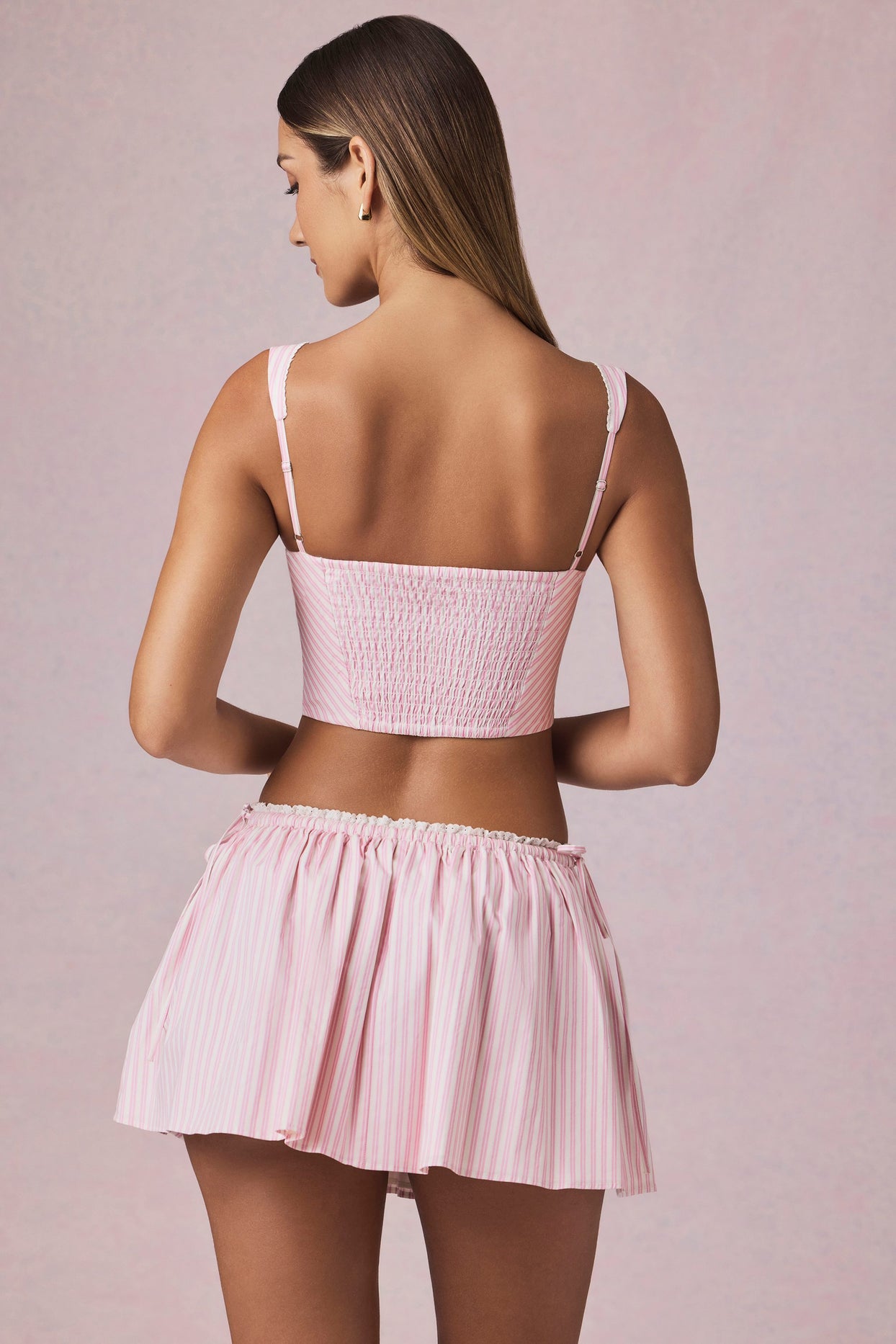 Ruched Drawstring Mini Skirt in Soft Mauve Stripe - 2