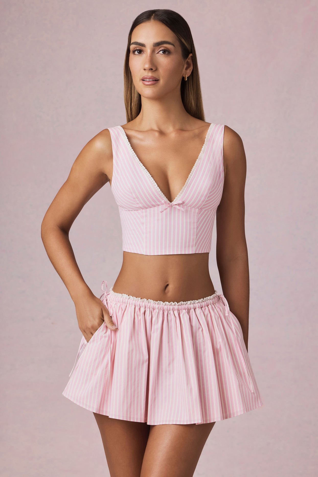 Ruched Drawstring Mini Skirt in Soft Mauve Stripe - 6