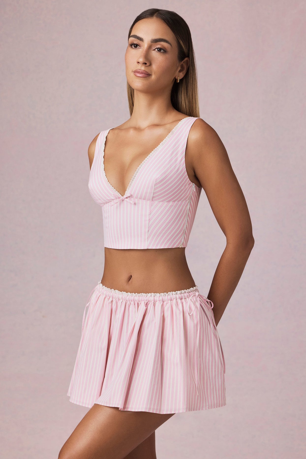 Ruched Drawstring Mini Skirt in Soft Mauve Stripe - 7