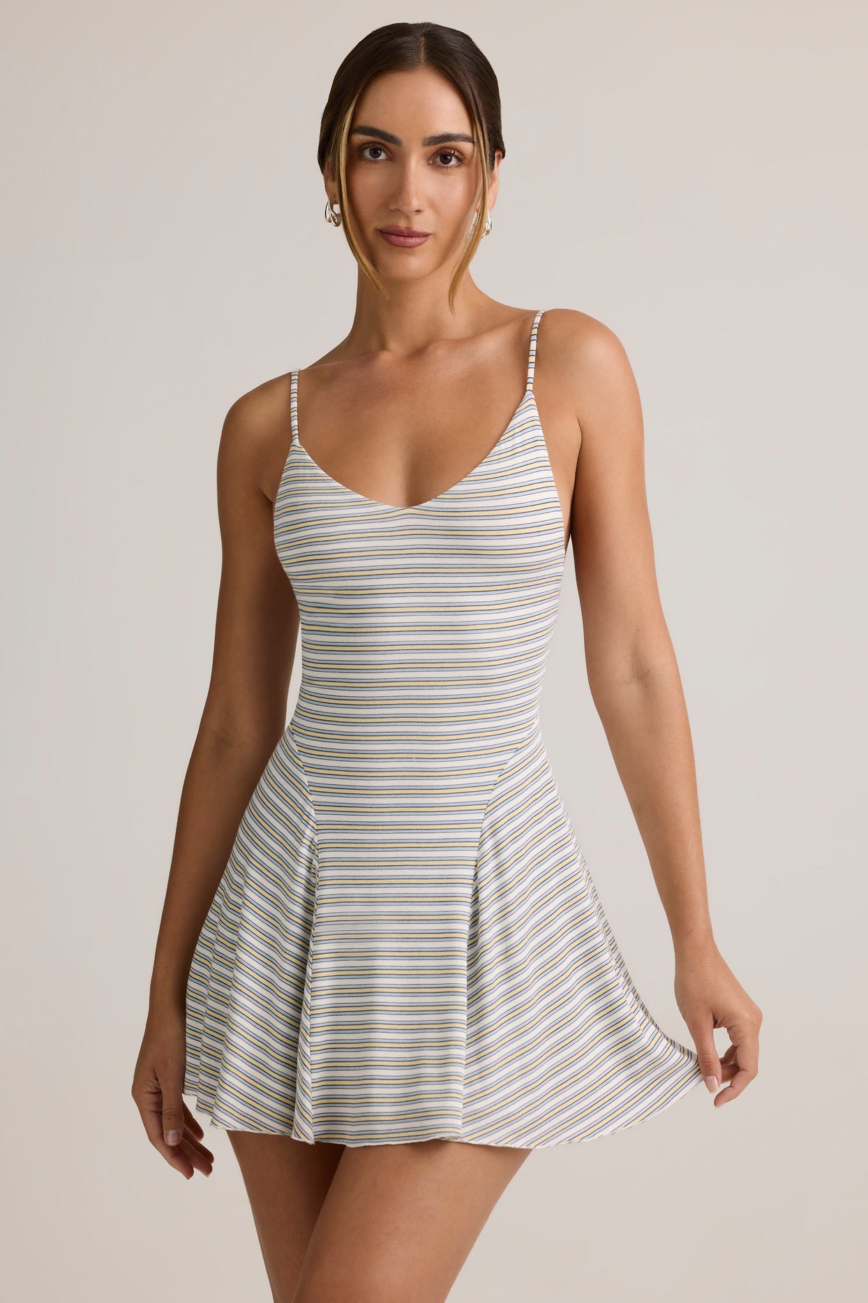 Modal Ribbed Tie-Back A-Line Mini Dress in Blue Yellow Stripe - 1