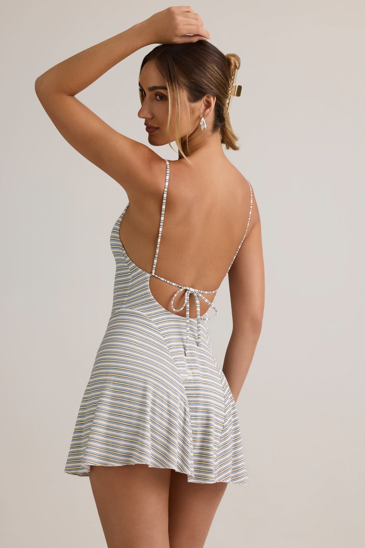 Modal Ribbed Tie-Back A-Line Mini Dress in Blue Yellow Stripe - 2