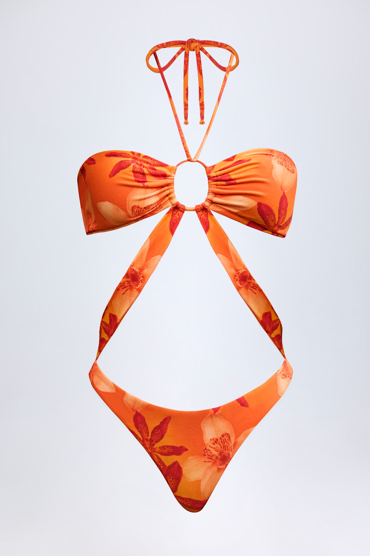 Cut-Out Halterneck Swimsuit in Orange Orchid Print - 3