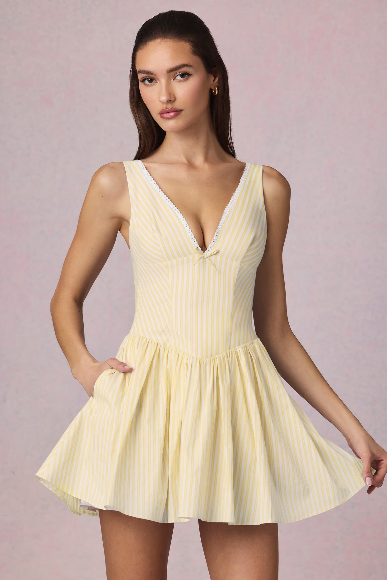 Bow-Detail A-Line Mini Dress in Lemon Yellow Stripe - 1