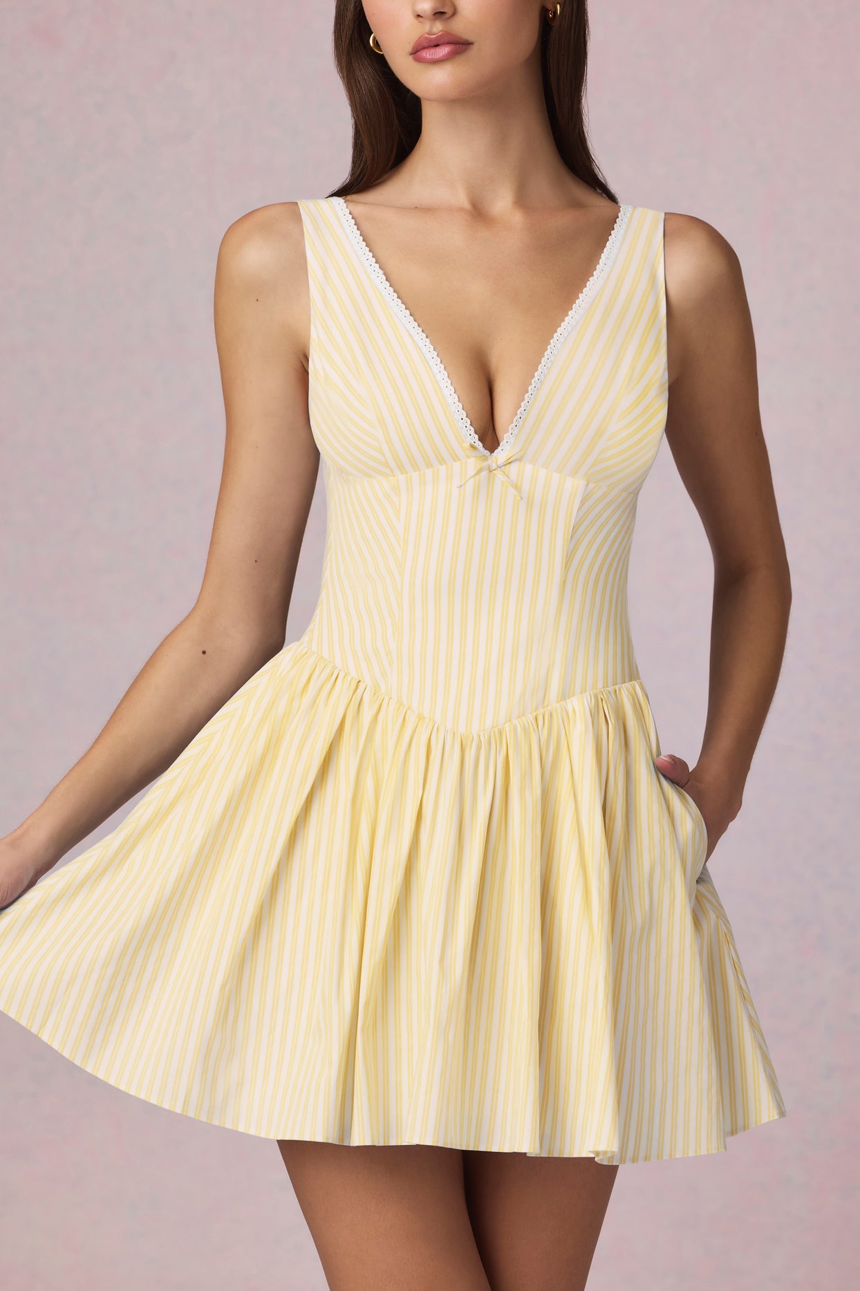 Bow-Detail A-Line Mini Dress in Lemon Yellow Stripe - 4