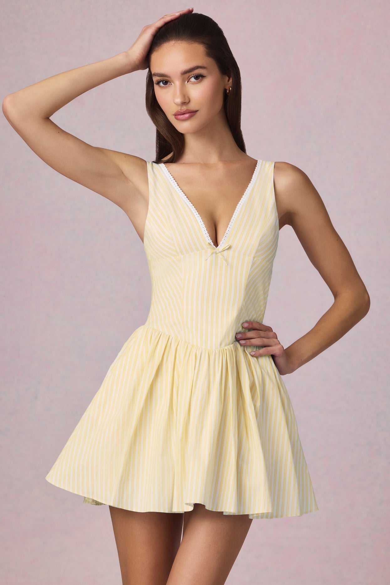 Bow-Detail A-Line Mini Dress in Lemon Yellow Stripe - 5