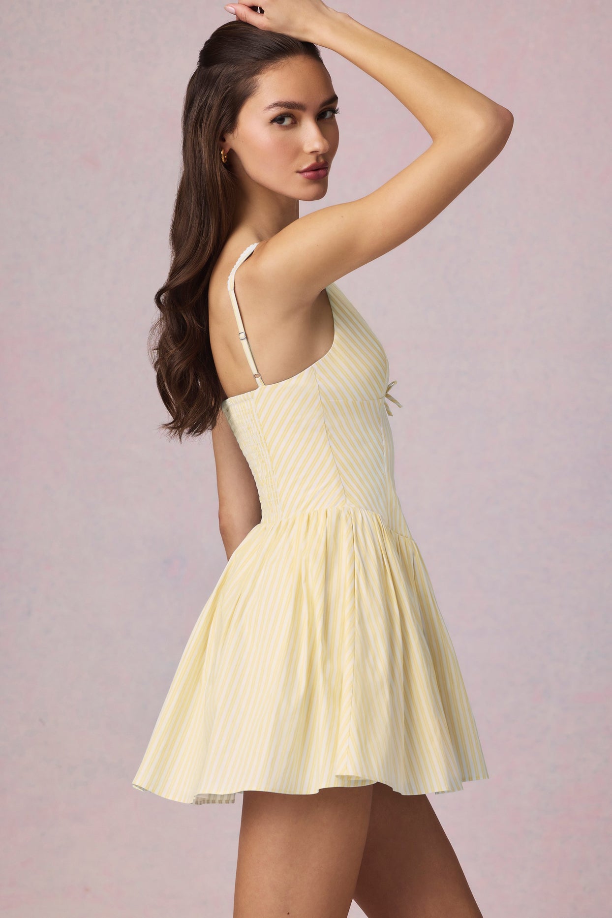 Bow-Detail A-Line Mini Dress in Lemon Yellow Stripe - 7