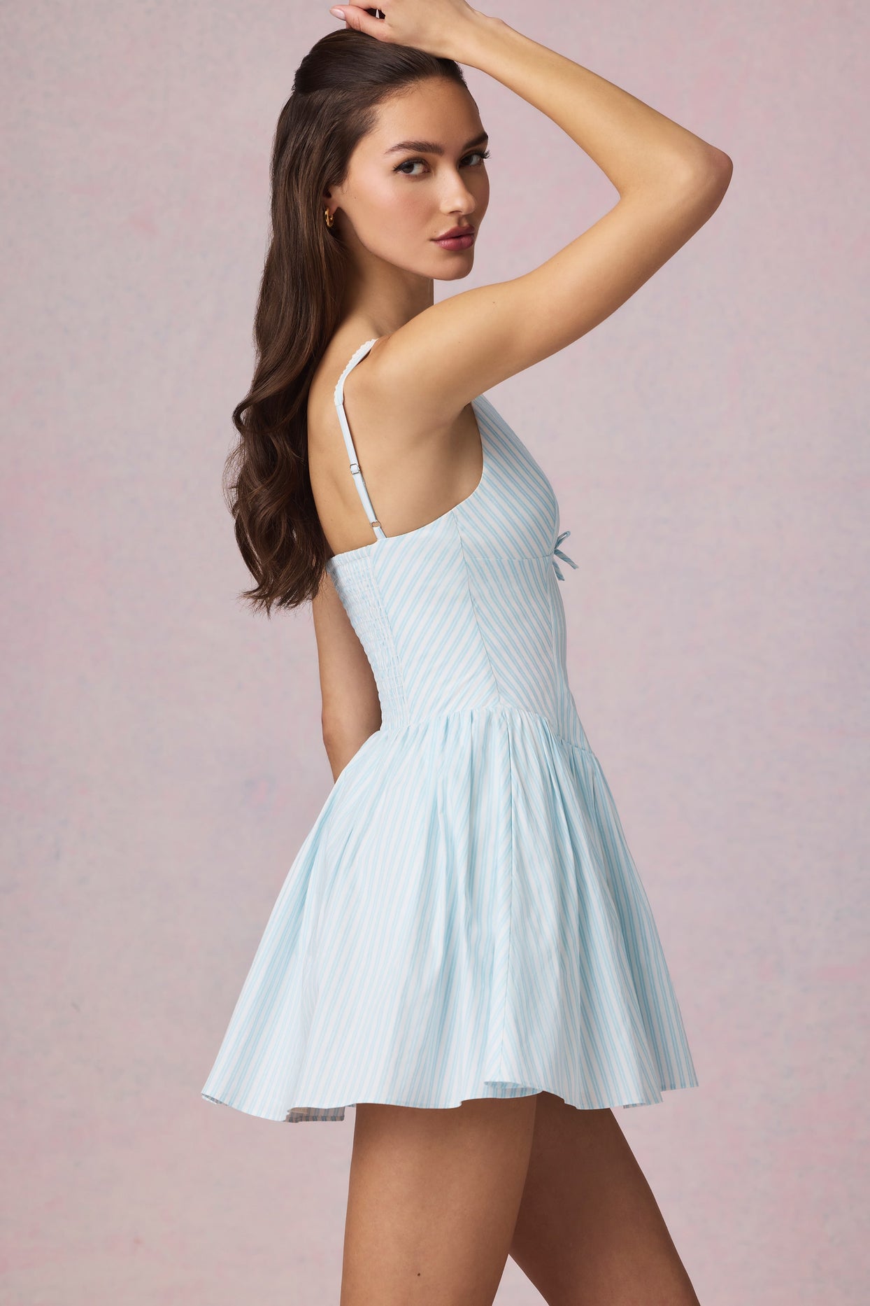 Bow-Detail A-Line Mini Dress in Powder Blue Stripe - 6