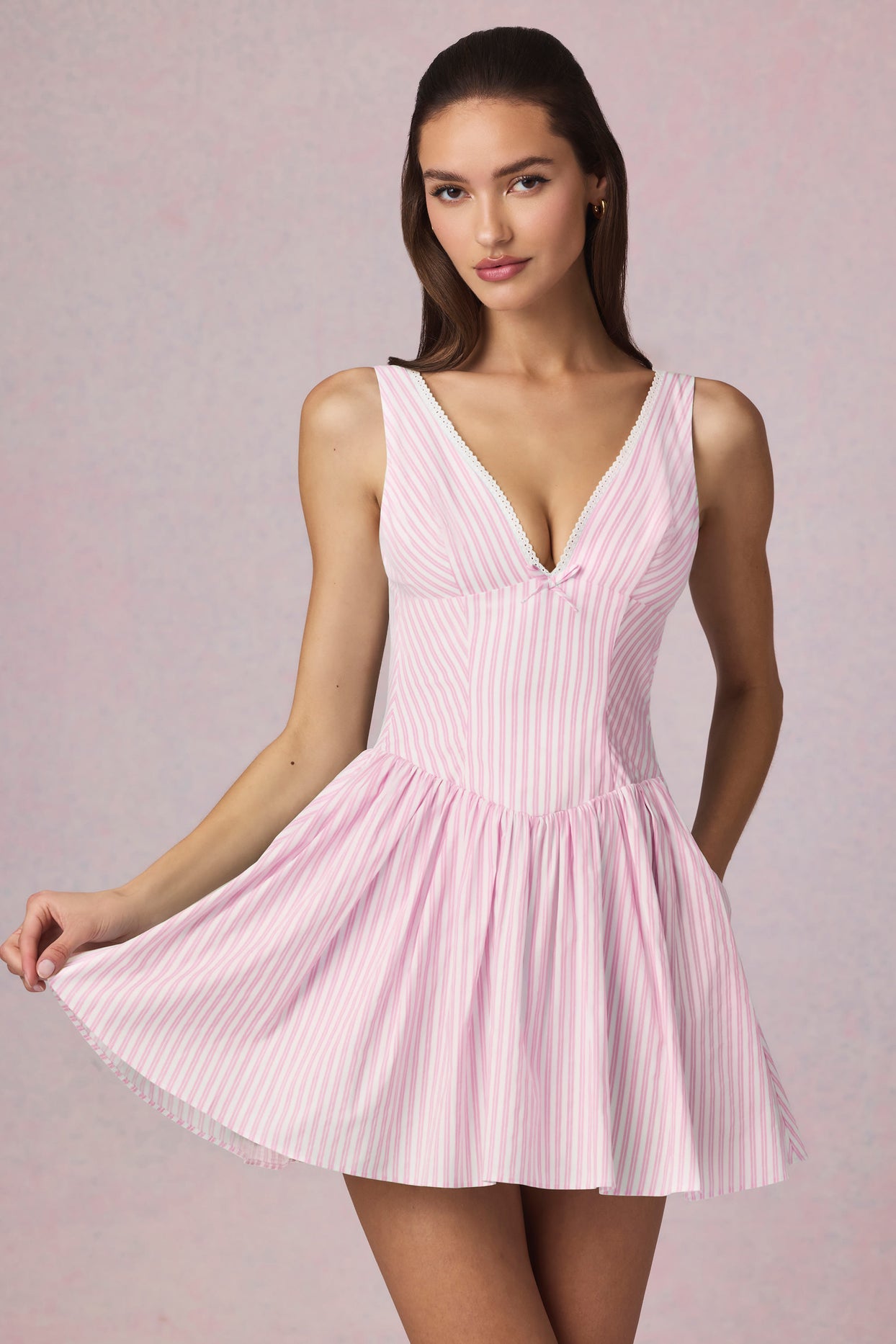 Bow-Detail A-Line Mini Dress in Soft Mauve Stripe - 1