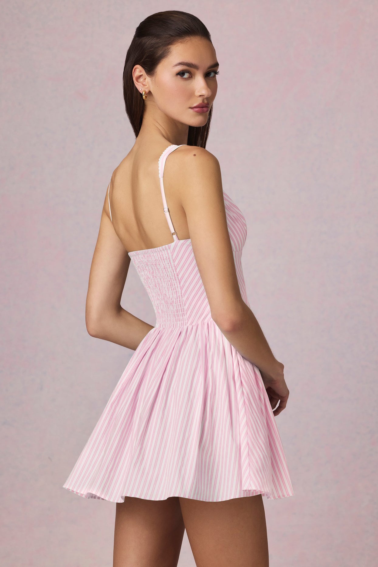 Bow-Detail A-Line Mini Dress in Soft Mauve Stripe - 2