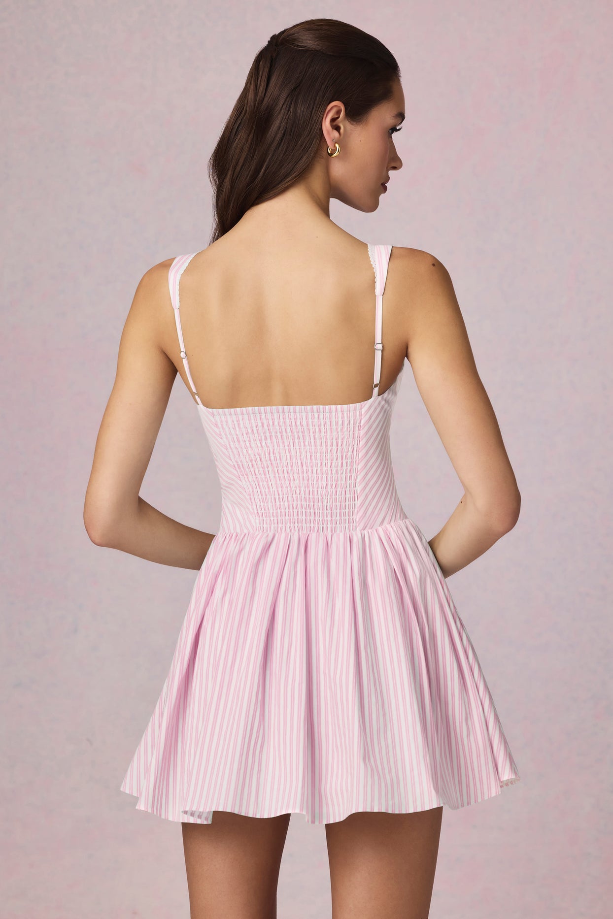 Bow-Detail A-Line Mini Dress in Soft Mauve Stripe - 3