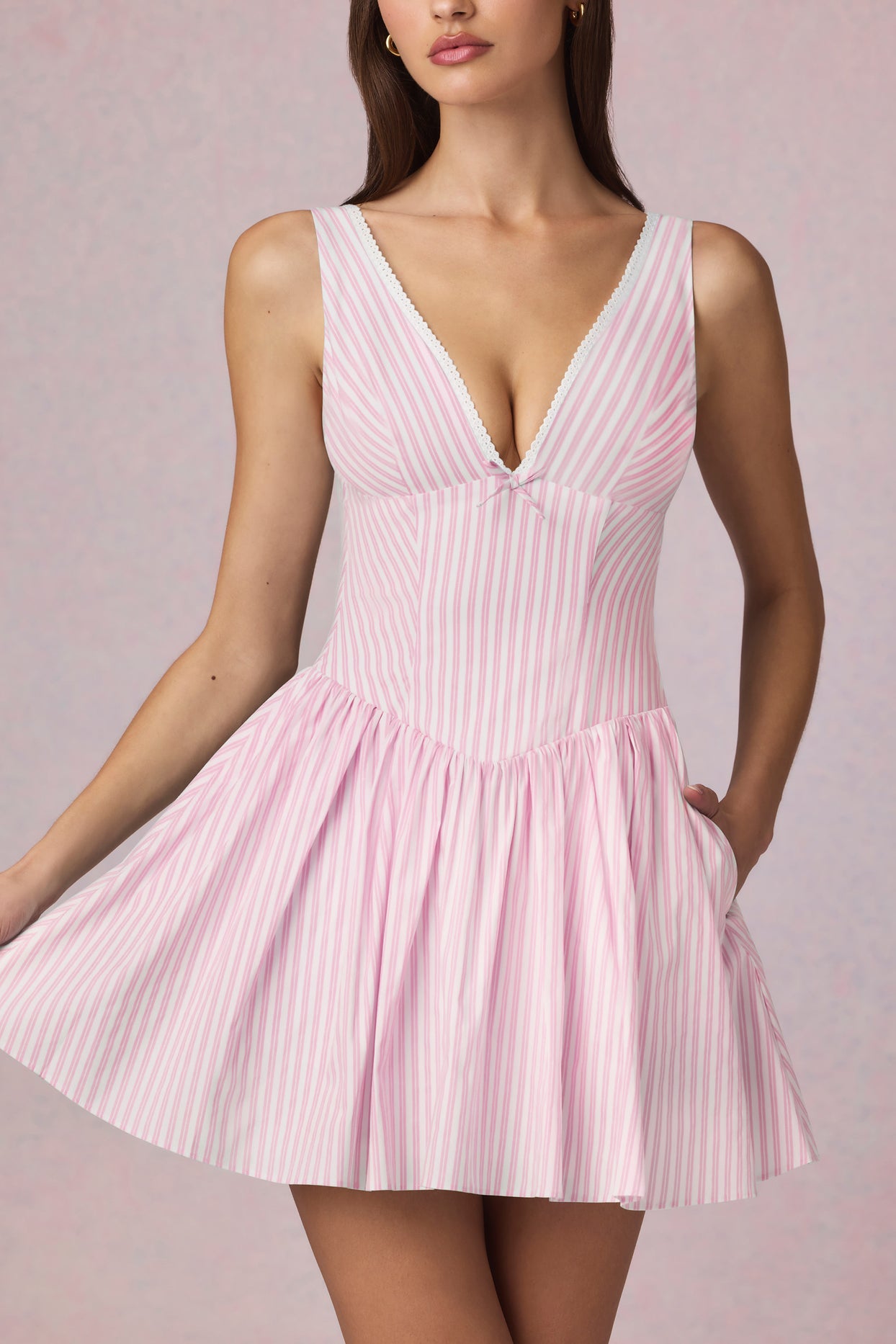 Bow-Detail A-Line Mini Dress in Soft Mauve Stripe - 4