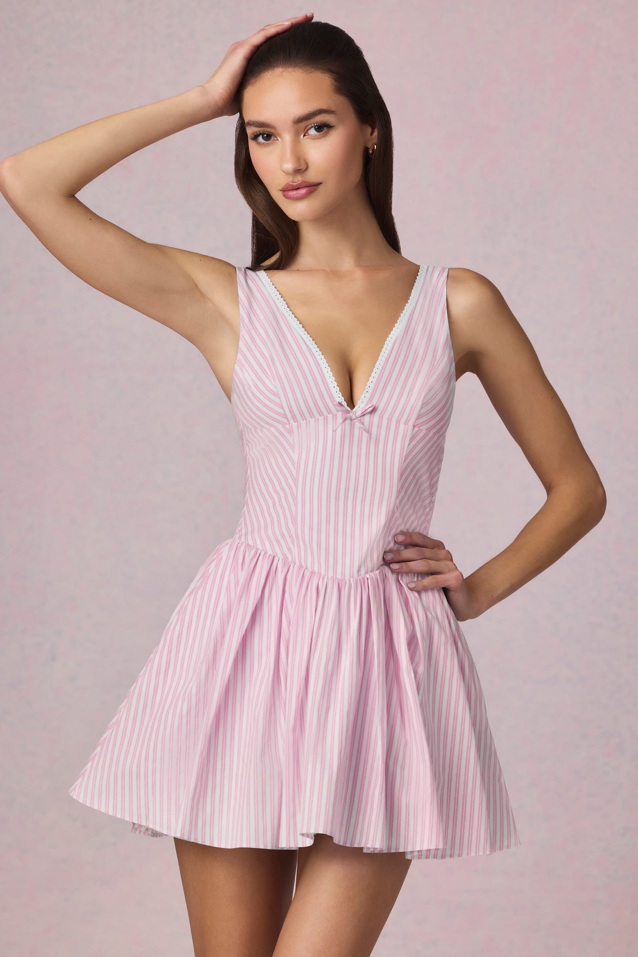 Bow-Detail A-Line Mini Dress in Soft Mauve Stripe - 7