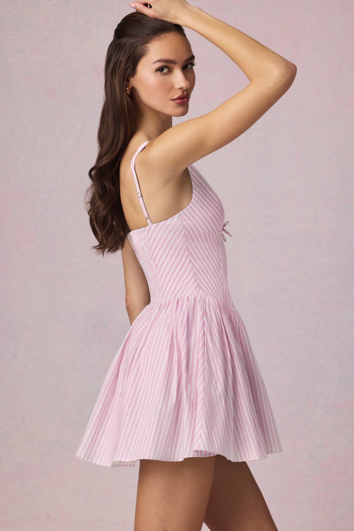 Bow-Detail A-Line Mini Dress in Soft Mauve Stripe - 8