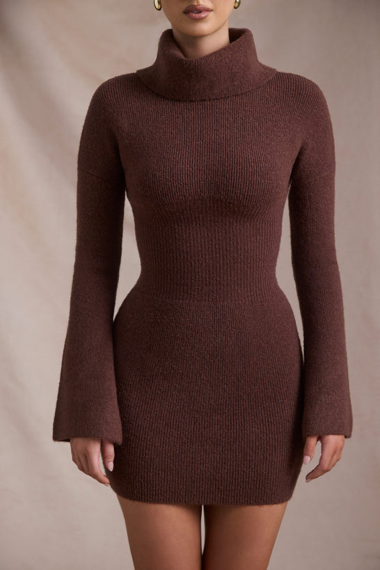 Ribbed-Knit Turtleneck Mini Jumper Dress in Espresso