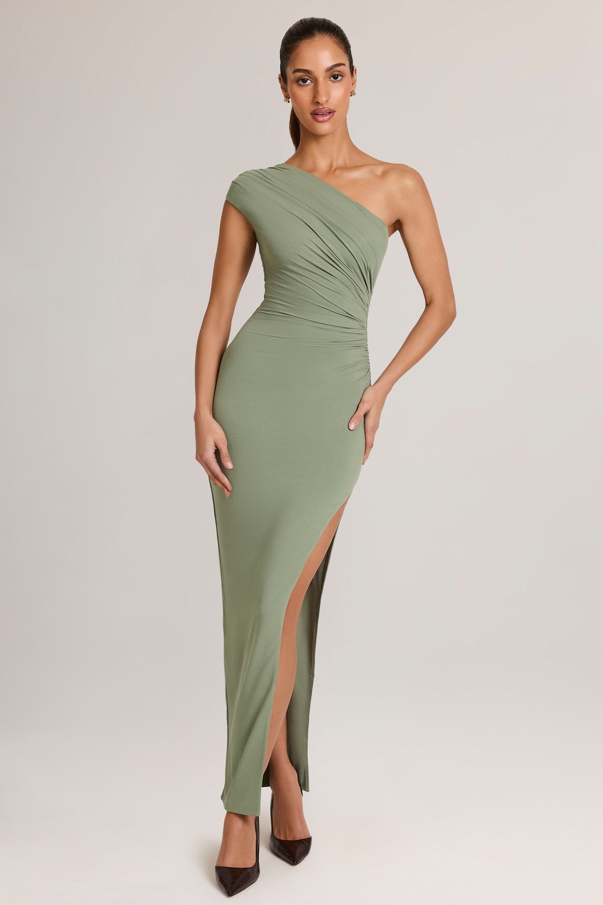 Modal Asymmetric Ruched Maxi Dress  in Sage Green - 1