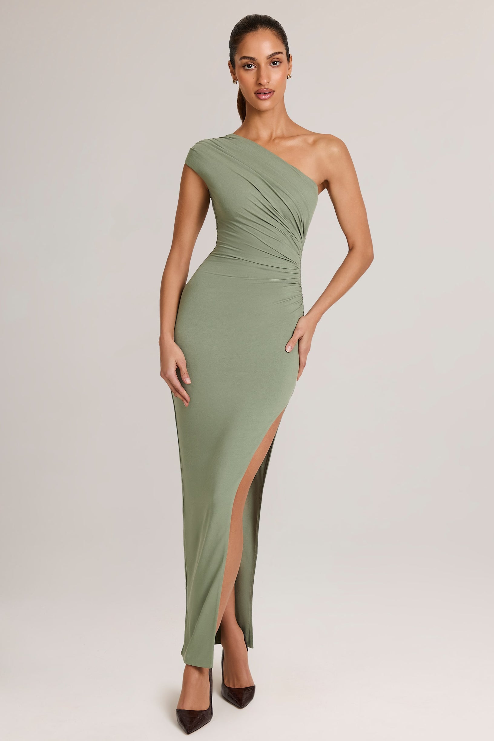 Modal Asymmetric Ruched Maxi Dress  in Sage Green - 1