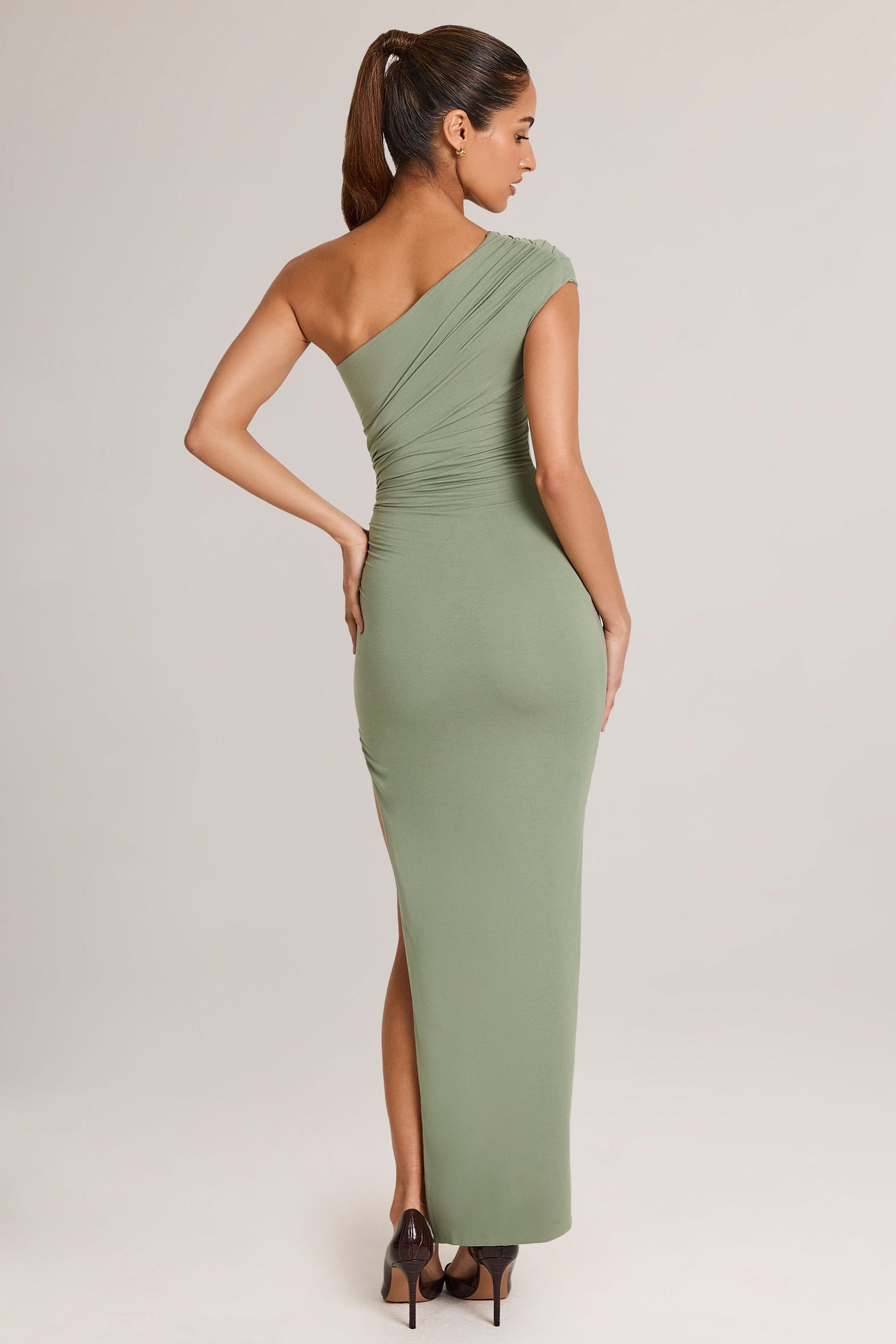 Modal Asymmetric Ruched Maxi Dress  in Sage Green - 2