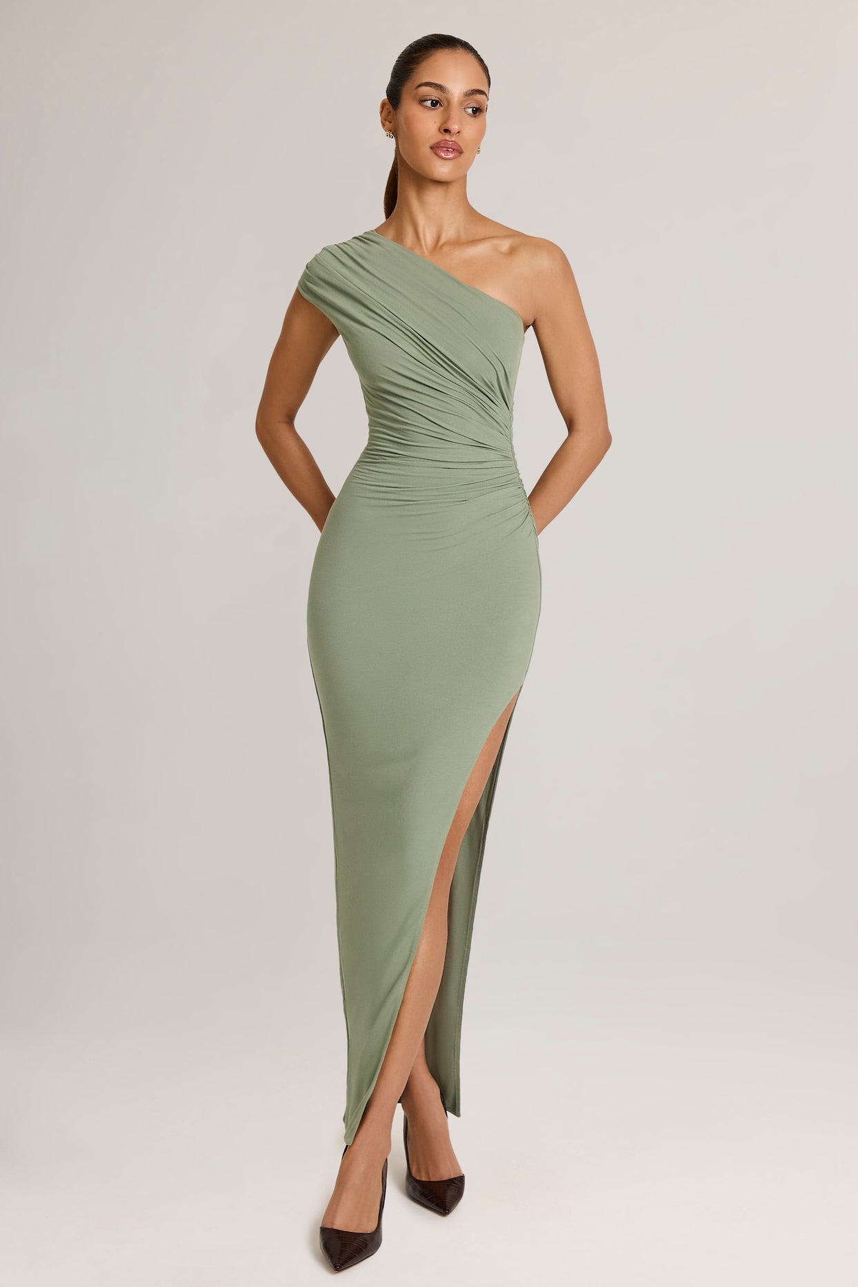 Modal Asymmetric Ruched Maxi Dress  in Sage Green - 4