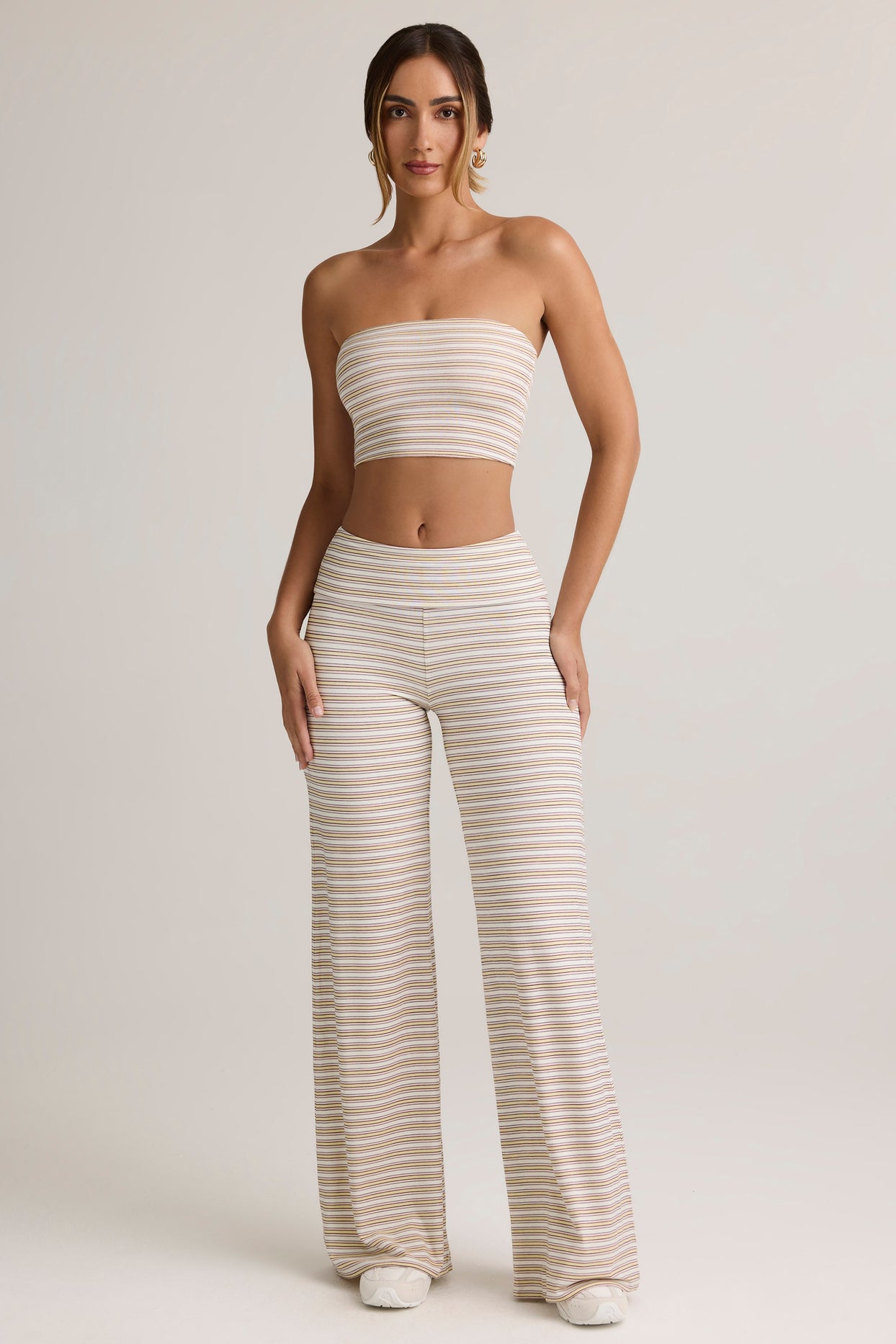 Modal Foldover Wide-Leg Trousers in Pink & Yellow Stripe - 1