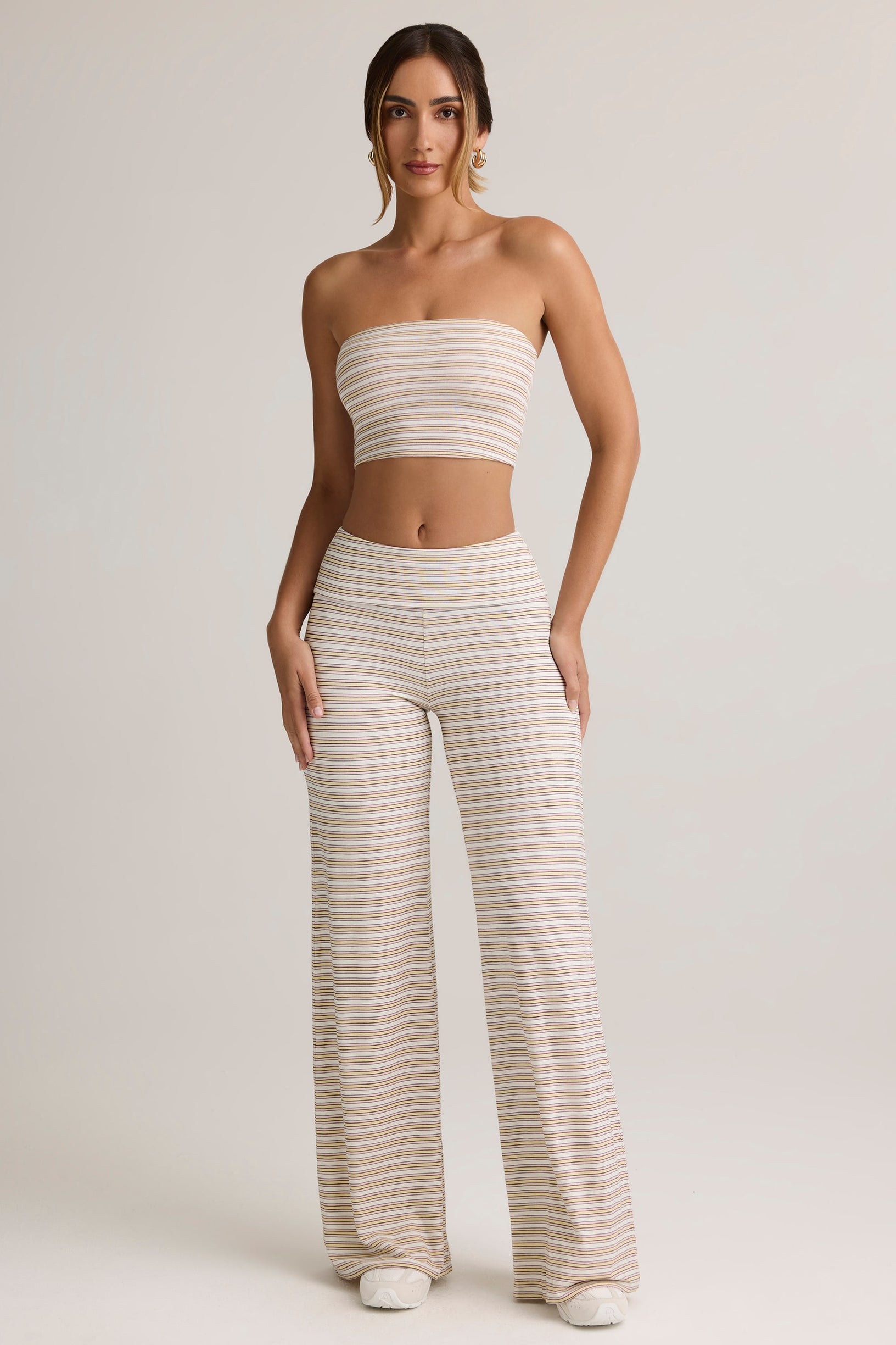 Modal Foldover Wide-Leg Trousers in Pink & Yellow Stripe - 1