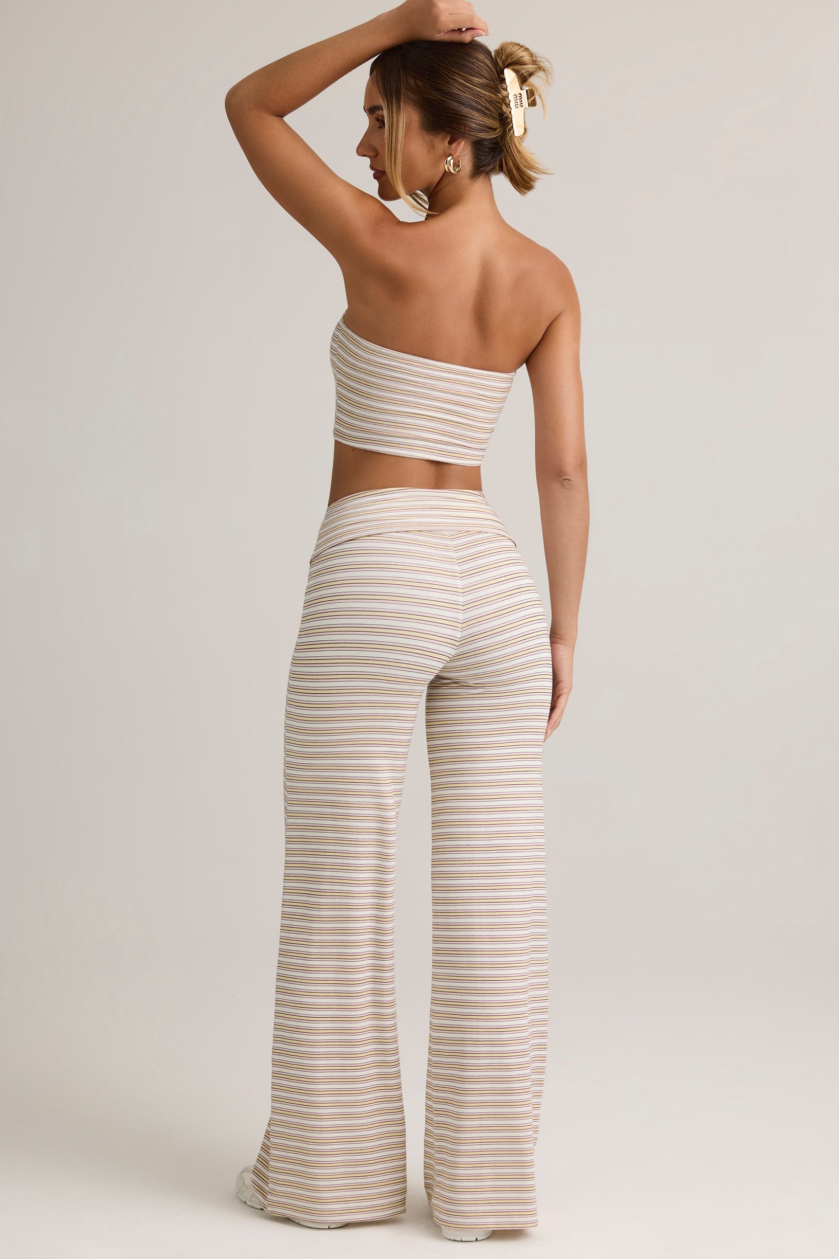 Modal Foldover Wide-Leg Trousers in Pink & Yellow Stripe - 2