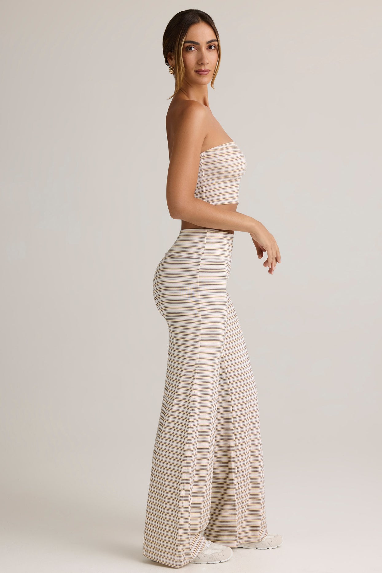 Modal Foldover Wide-Leg Trousers in Pink & Yellow Stripe - 3