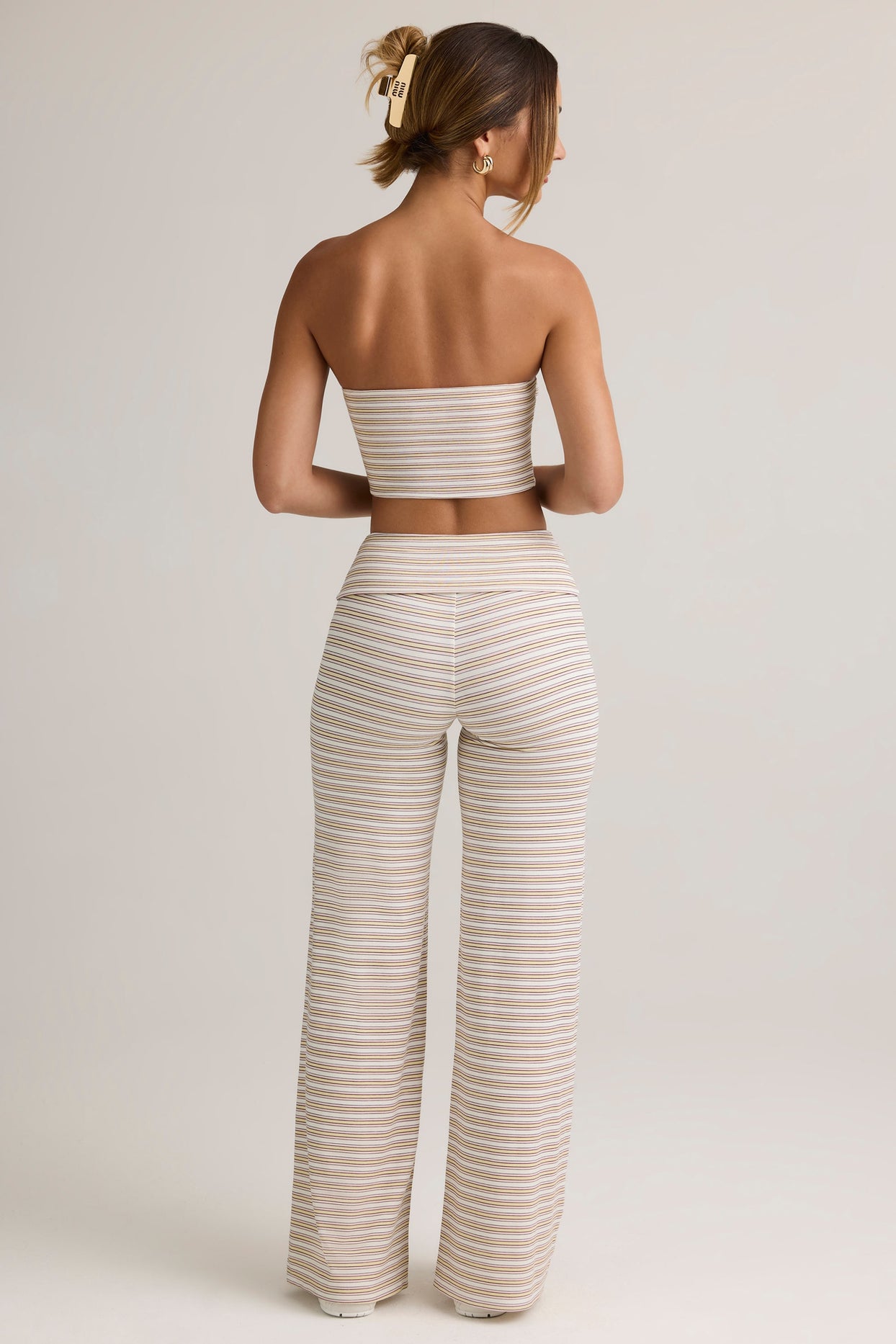 Modal Foldover Wide-Leg Trousers in Pink & Yellow Stripe - 5