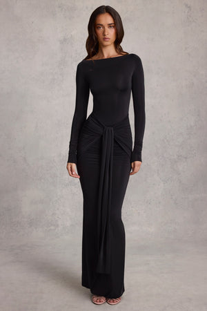 Draped Ruched Maxi Dress in Black