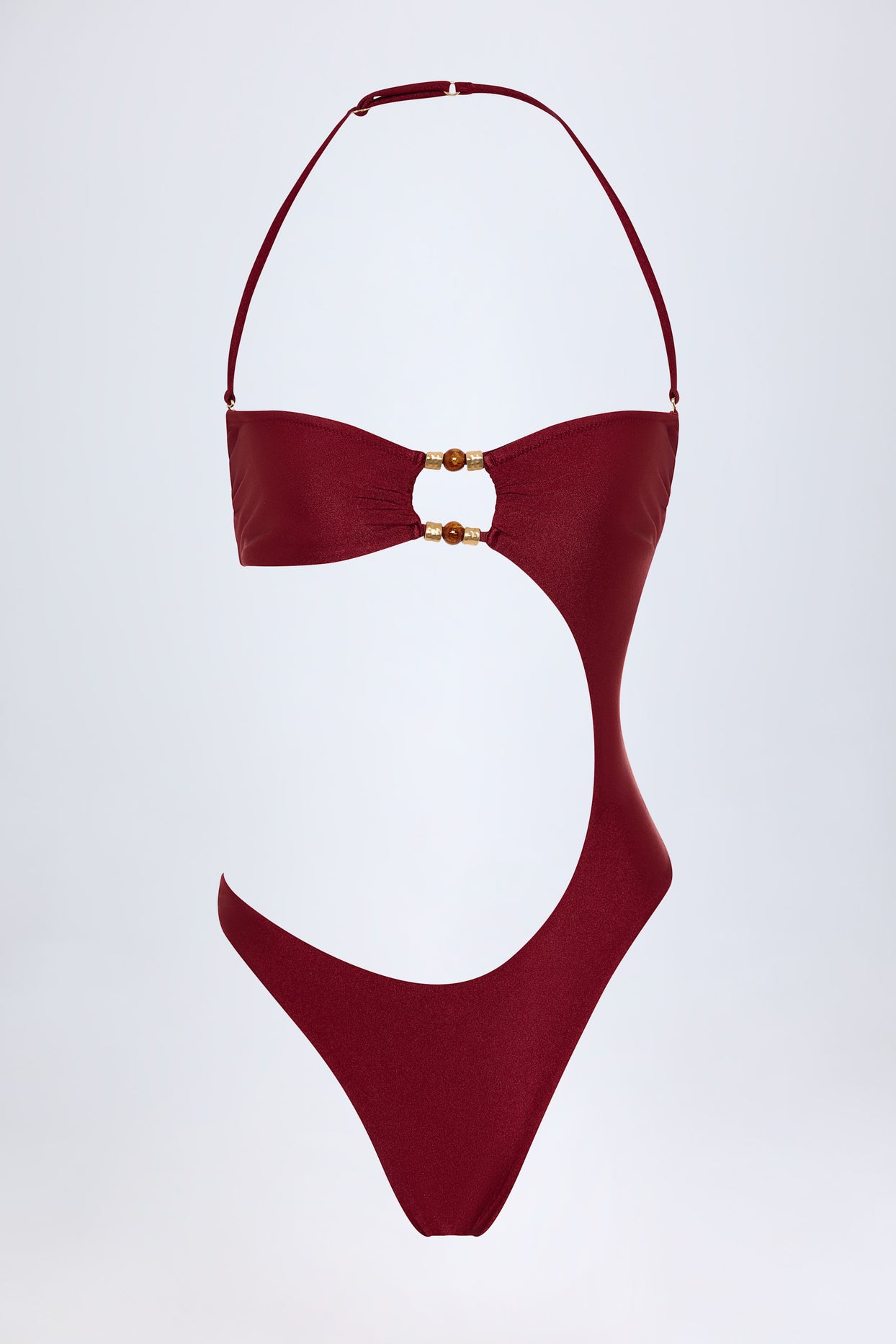 Bead-Embellished Cut-Out Bandeau Swimsuit in Dark Cherry - 3