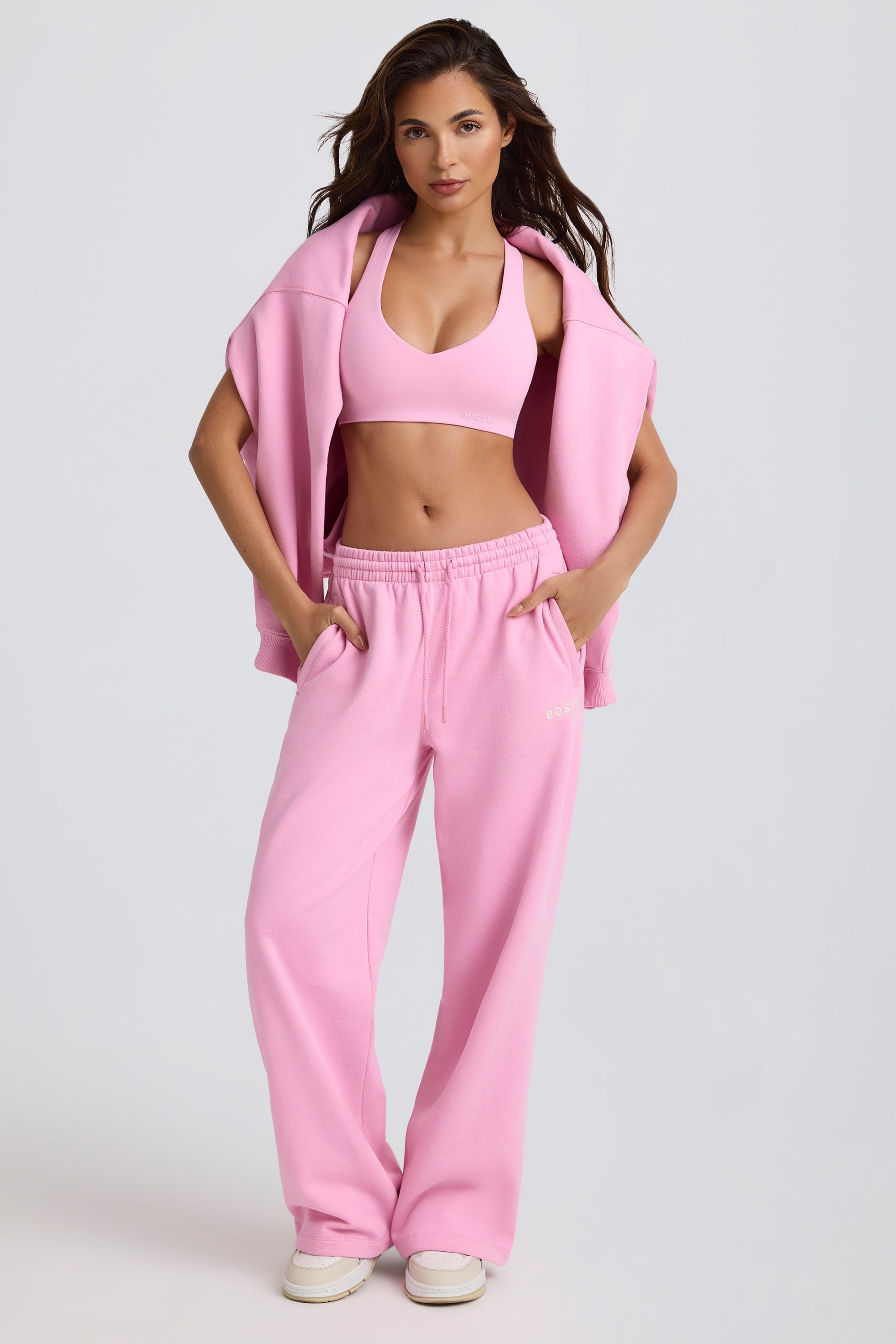 Soft Cotton Jersey Mid-Rise Wide-Leg Joggers in Baby Pink