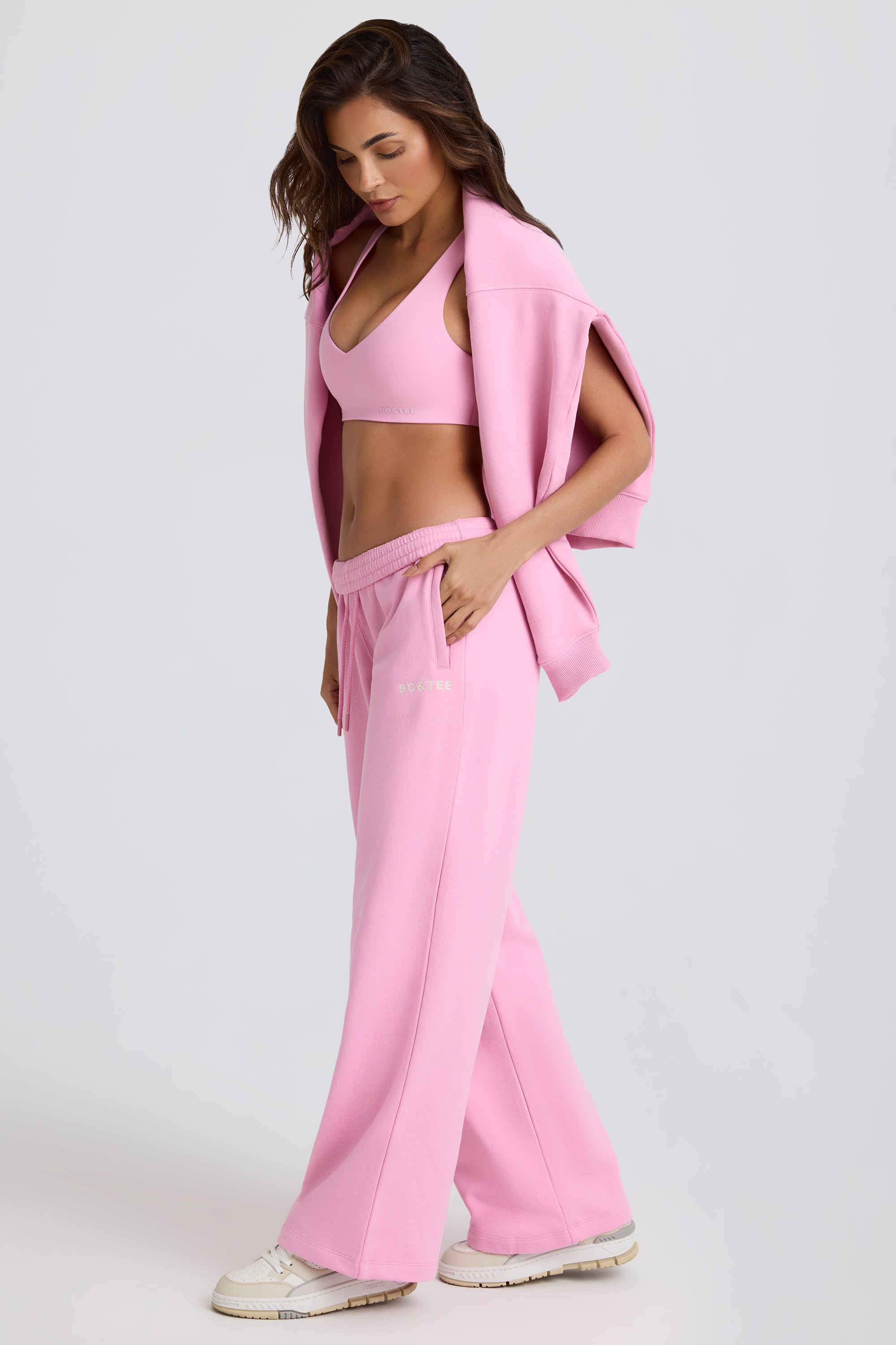 Soft Cotton Jersey Mid-Rise Wide-Leg Joggers in Baby Pink