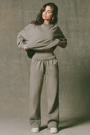 Soft Cotton Mid-Rise Wide-Leg Joggers in Light Green