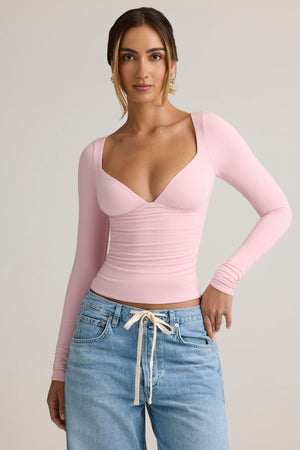 Modal Ruched Long-Sleeve Top in Baby Pink